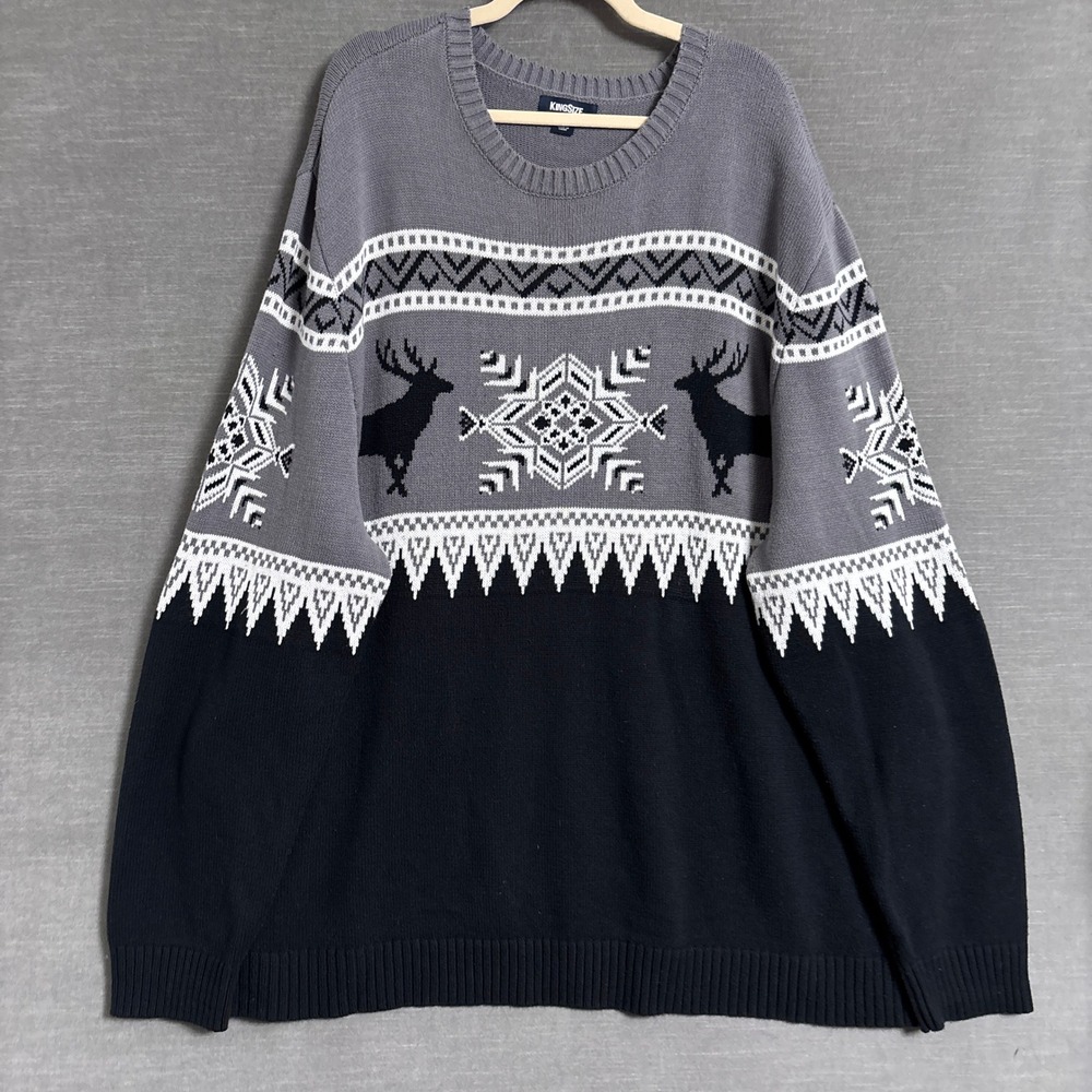 KingSize Sweater 4XL Tall Gray Black Cotton Reindeer Fair Isle Pullover Holiday